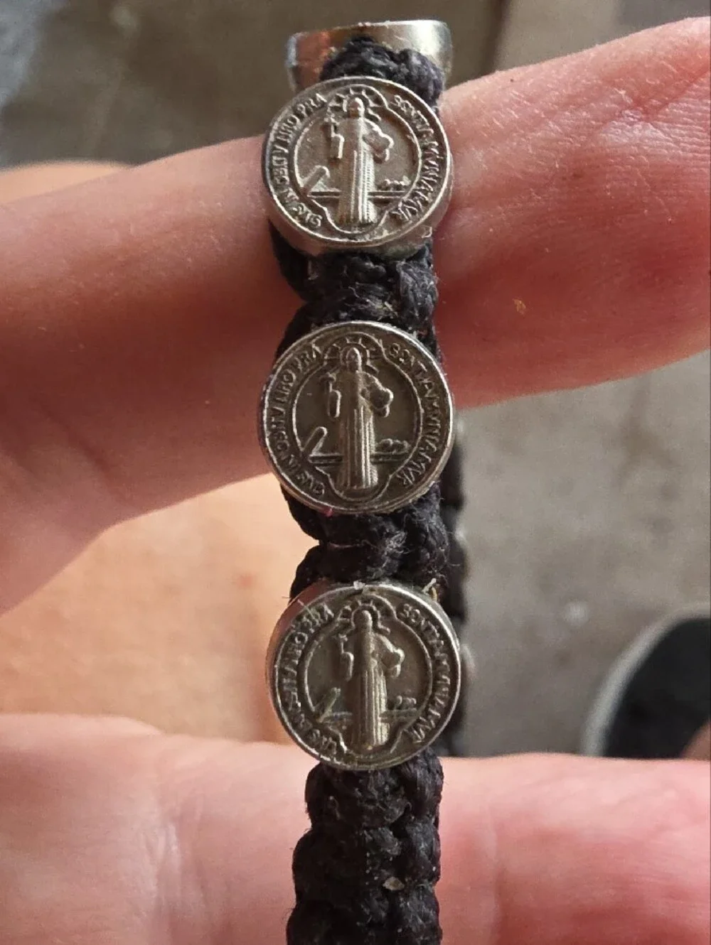 Unisex Black Cord Macrame Bracelet with Silver Saint Benedict Metals  Medallions